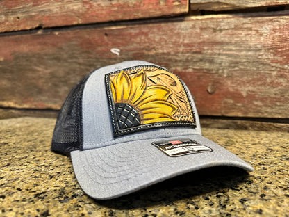 Sunflower and Southwest Handtooled Leather Patch Cap