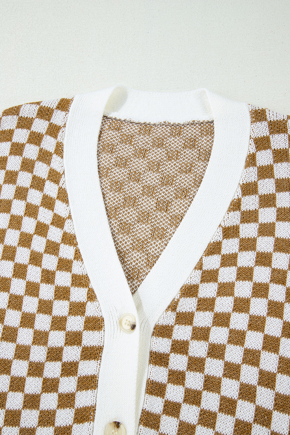 Brown Checkered Striped Patched Buttoned V Neck Cardigan