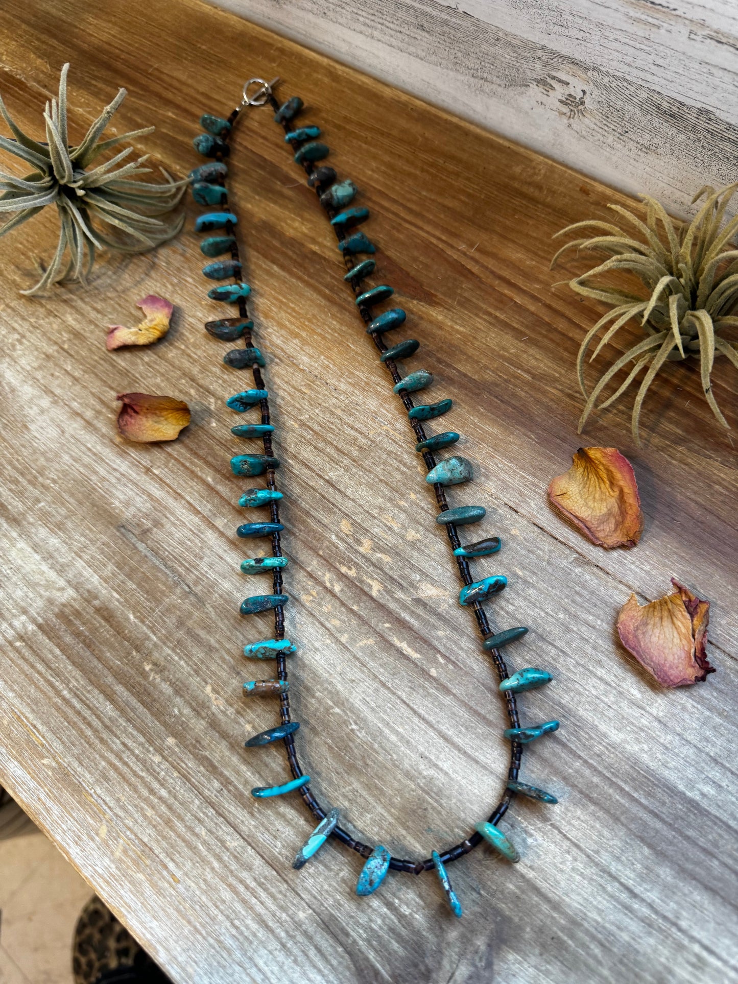 30 inch long shell and turquoise necklace