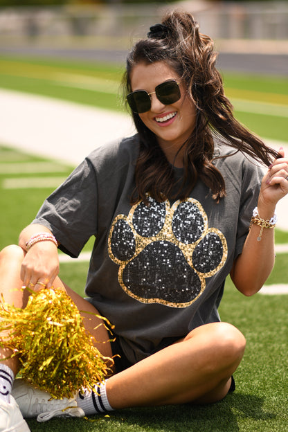 Black & Gold Faux Glitter Paw Print Tee