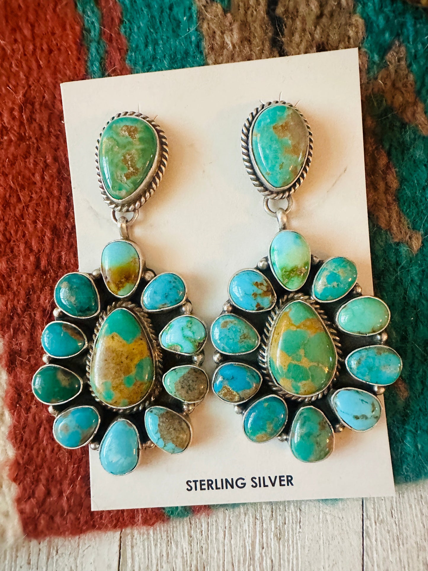 Navajo Turquoise & Sterling Silver Cluster Dangle Earrings