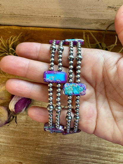 Purple Double Strand Necklace – 13” Beaded – Sterling Silver Pearls & Rectangle Variscite Turquoise