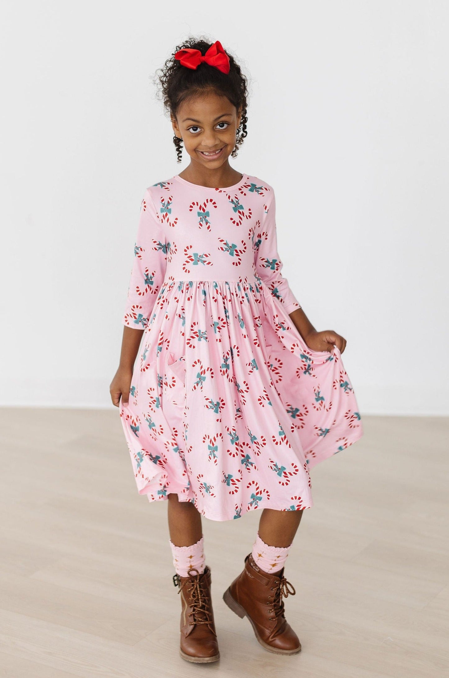 Candy Cane Cutie 3/4 Sleeve Pocket Twirl Dress