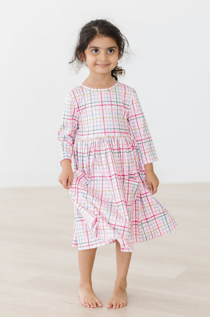 Pink Plaid 3/4 Sleeve Pocket Twirl Dress