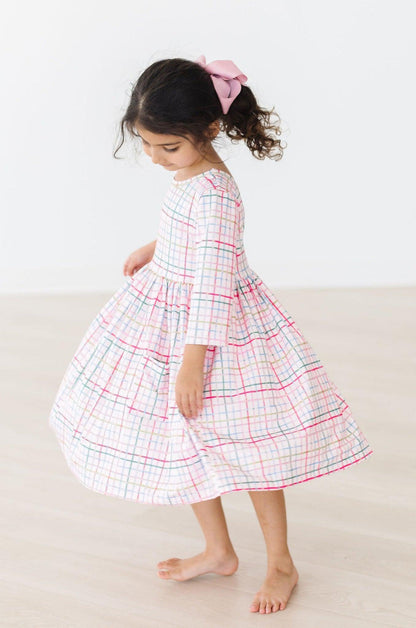 Pink Plaid 3/4 Sleeve Pocket Twirl Dress