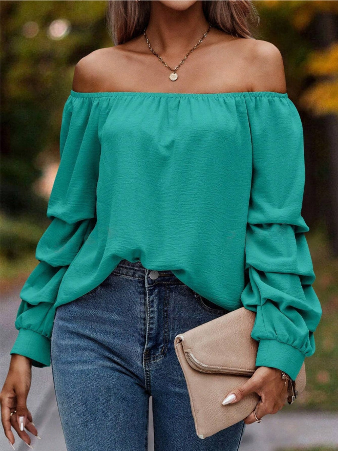 Ruched Off-Shoulder Long Sleeve Blouse