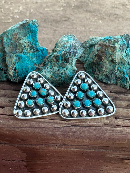 Handmade Sterling Silver & Turquoise Triangle Post Silver Ball Earrings