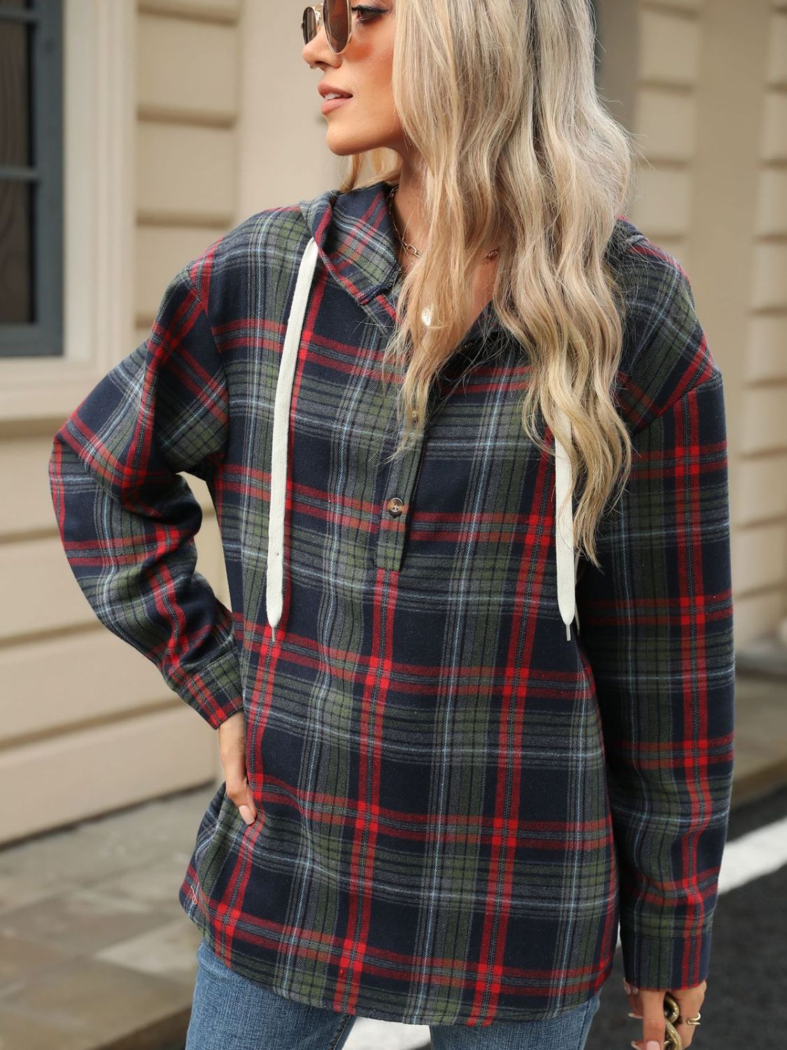 Drawstring Plaid Hooded Long Sleeve Top