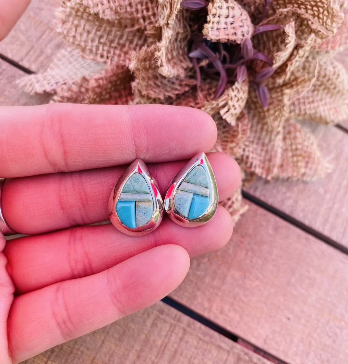 Navajo Turquoise & Sterling Silver Inlay Post Earrings