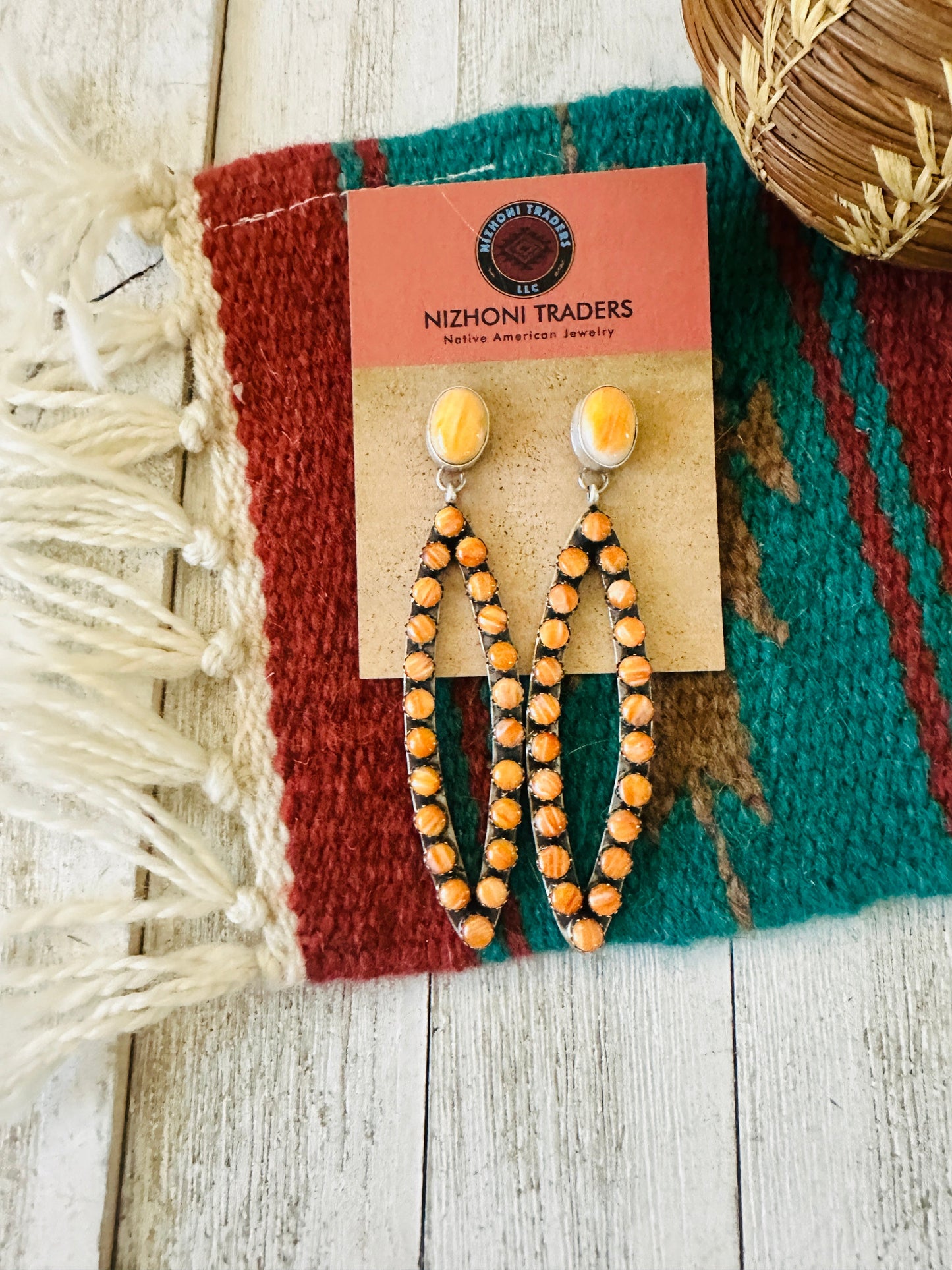 Navajo Sterling Silver & Orange Spiny Dangle Earrings