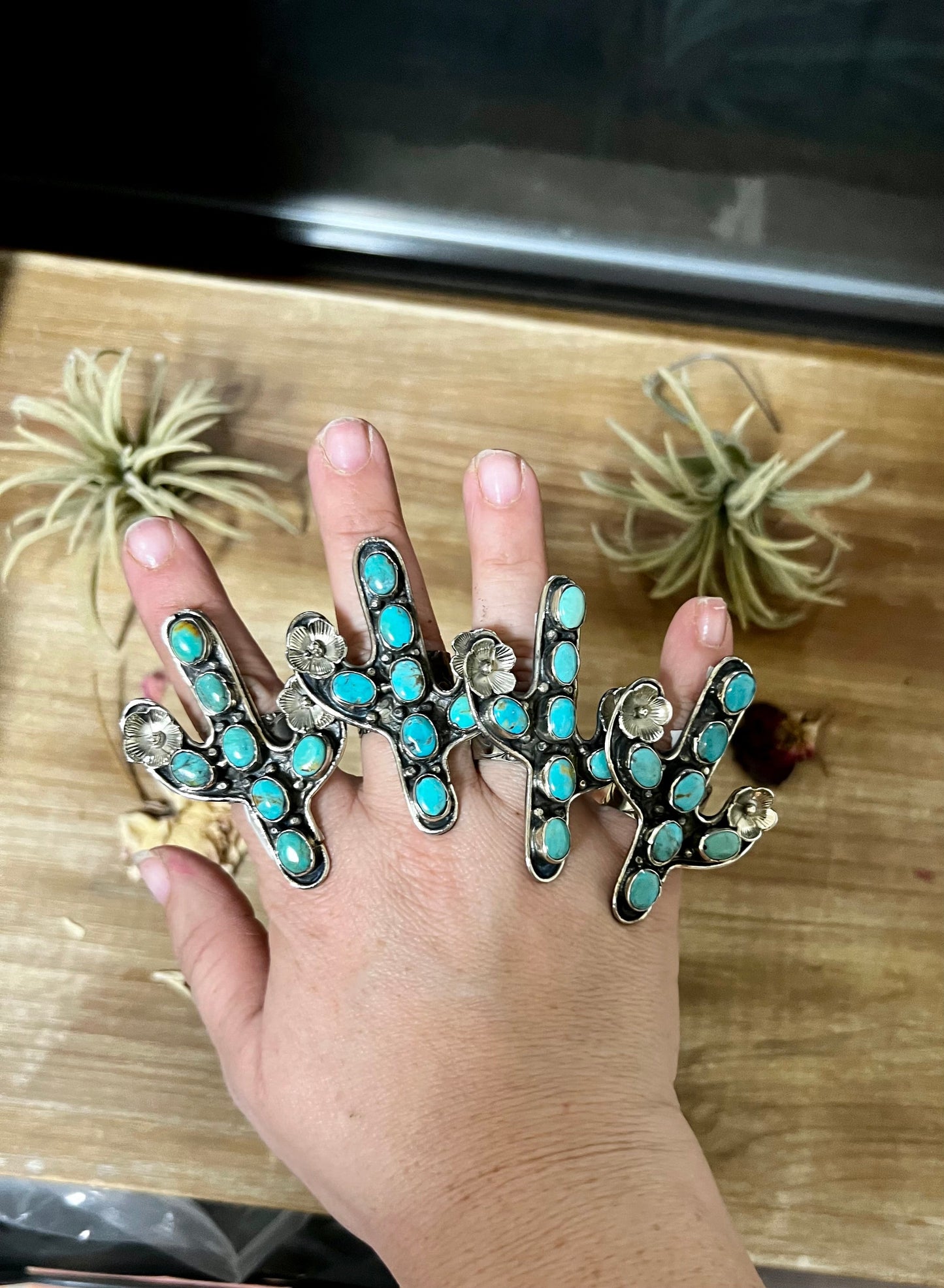 Blue Turquoise Cactus Ring with flower - Adjustable - Brass silver