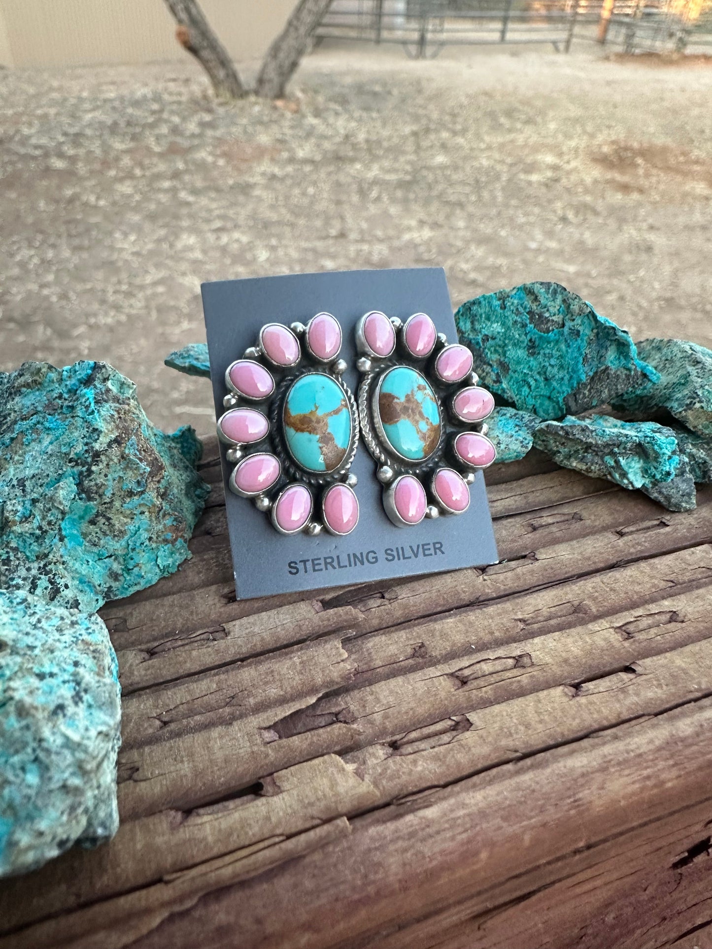 Navajo Queen Pink Conch & Turquoise Sterling Silver Cluster Stud Earrings