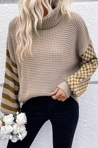 Patchwork Waffle Turtleneck Sweater