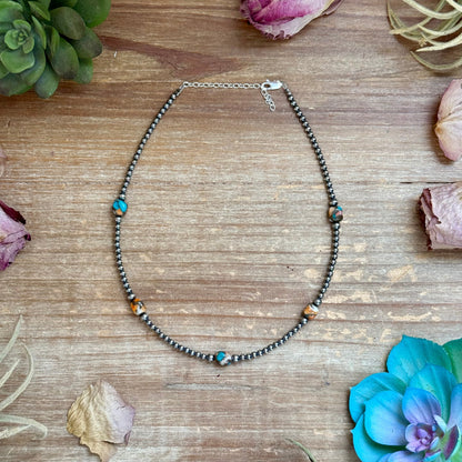 Kids necklace - 13” Turquoise & Spiny Oyster Necklace – 3–4mm Sterling Silver Pearls