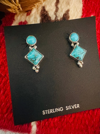 Navajo Sterling Silver & Turquoise Diamond Dangle Earrings