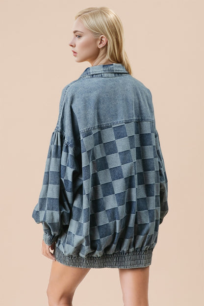 Double Take Checkered Button Up Denim Jacket