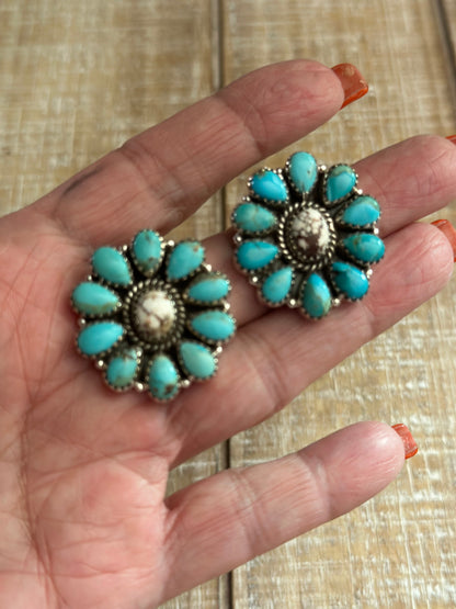 Handmade Turquoise, Wild Horse & Sterling Silver Cluster Post Earrings Signed Nizhoni