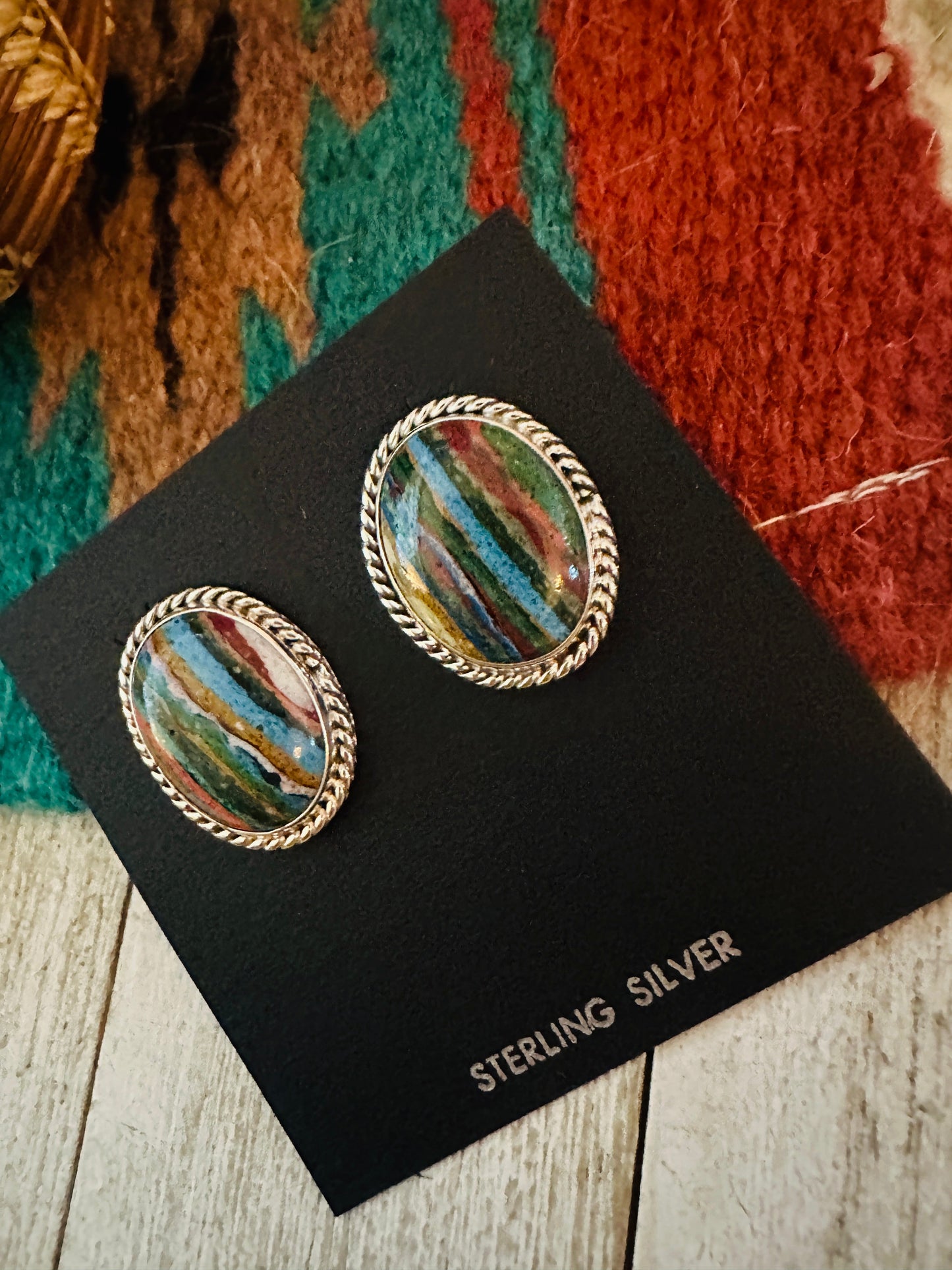 Navajo Rainbow Calsilica & Sterling Silver Oval Post Earrings