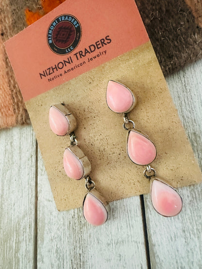 Navajo Queen Pink Conch & Sterling Silver Dangle Earrings