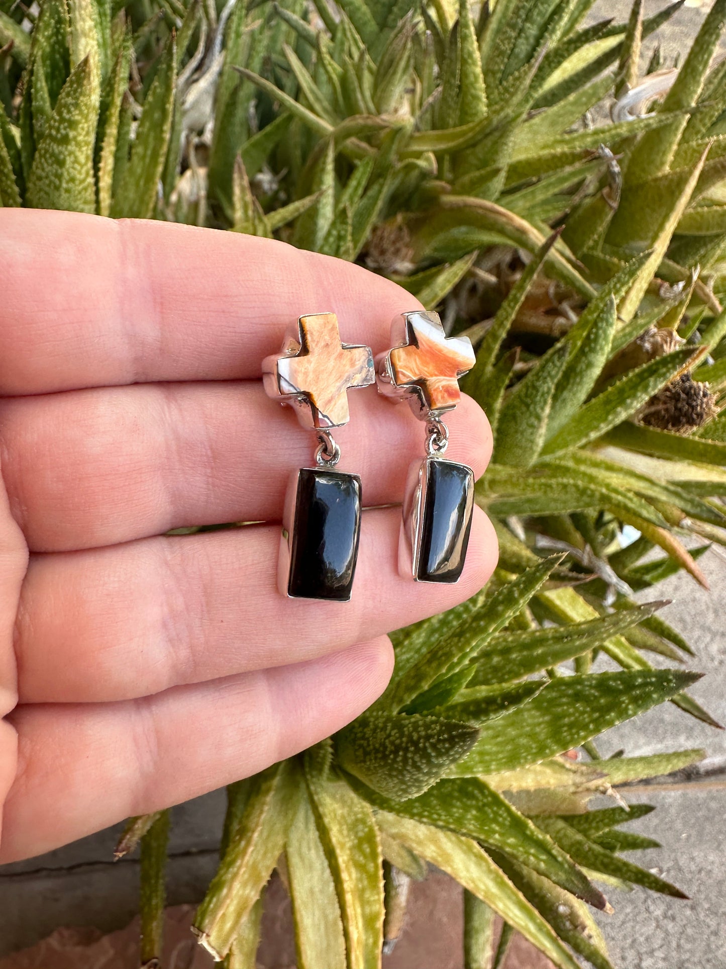 Handmade Onyx, Spice and Sterling Silver Post Dangle Cross Earrings Signed Nizhoni