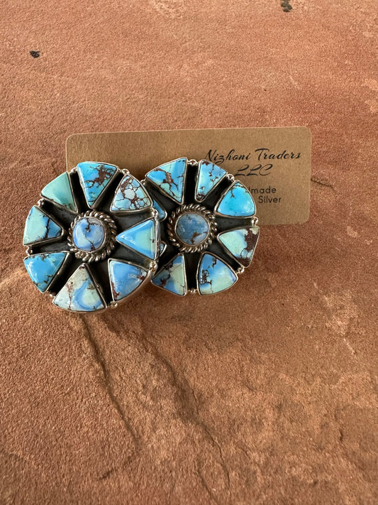 Handmade Golden Hills Turquoise & Sterling Silver Cluster Post Earrings