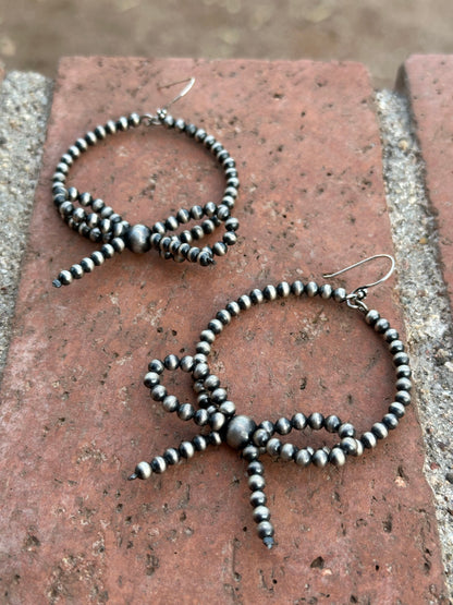 Handmade Sterling Silver Hoop Beaded Bow Tie Hoop Dangle Earrings