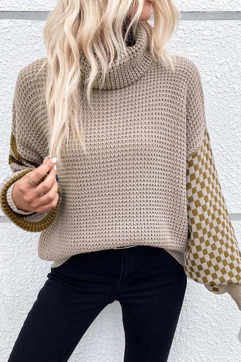 Patchwork Waffle Turtleneck Sweater