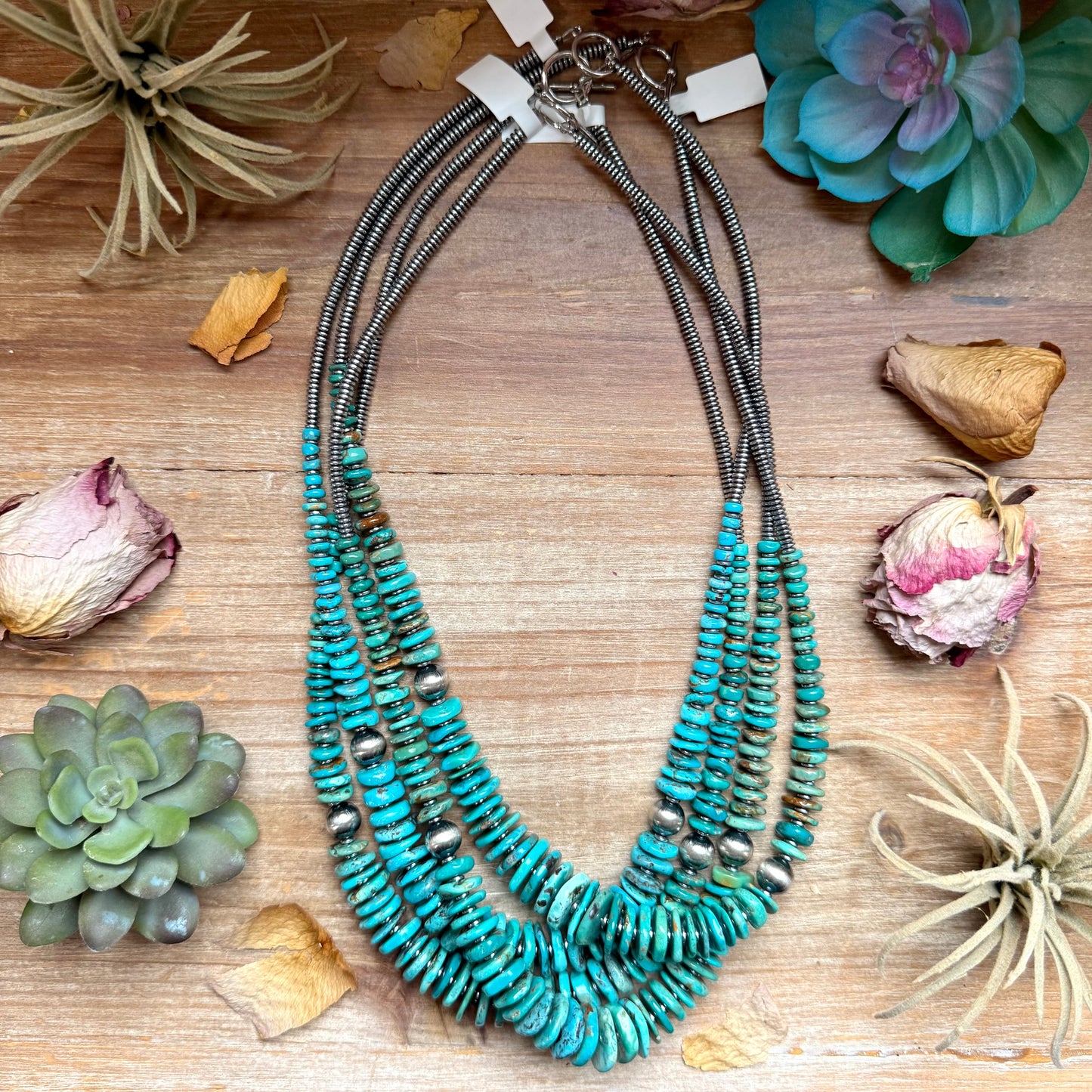 Turquoise Graduated Necklace with Hematite & Sterling Silver Accents – 23”