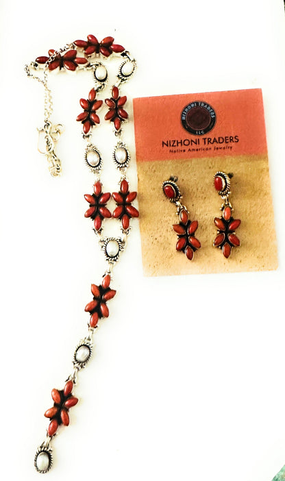 Handmade Sterling Silver, Coral & Pearl Necklace Set Signed Nizhoni