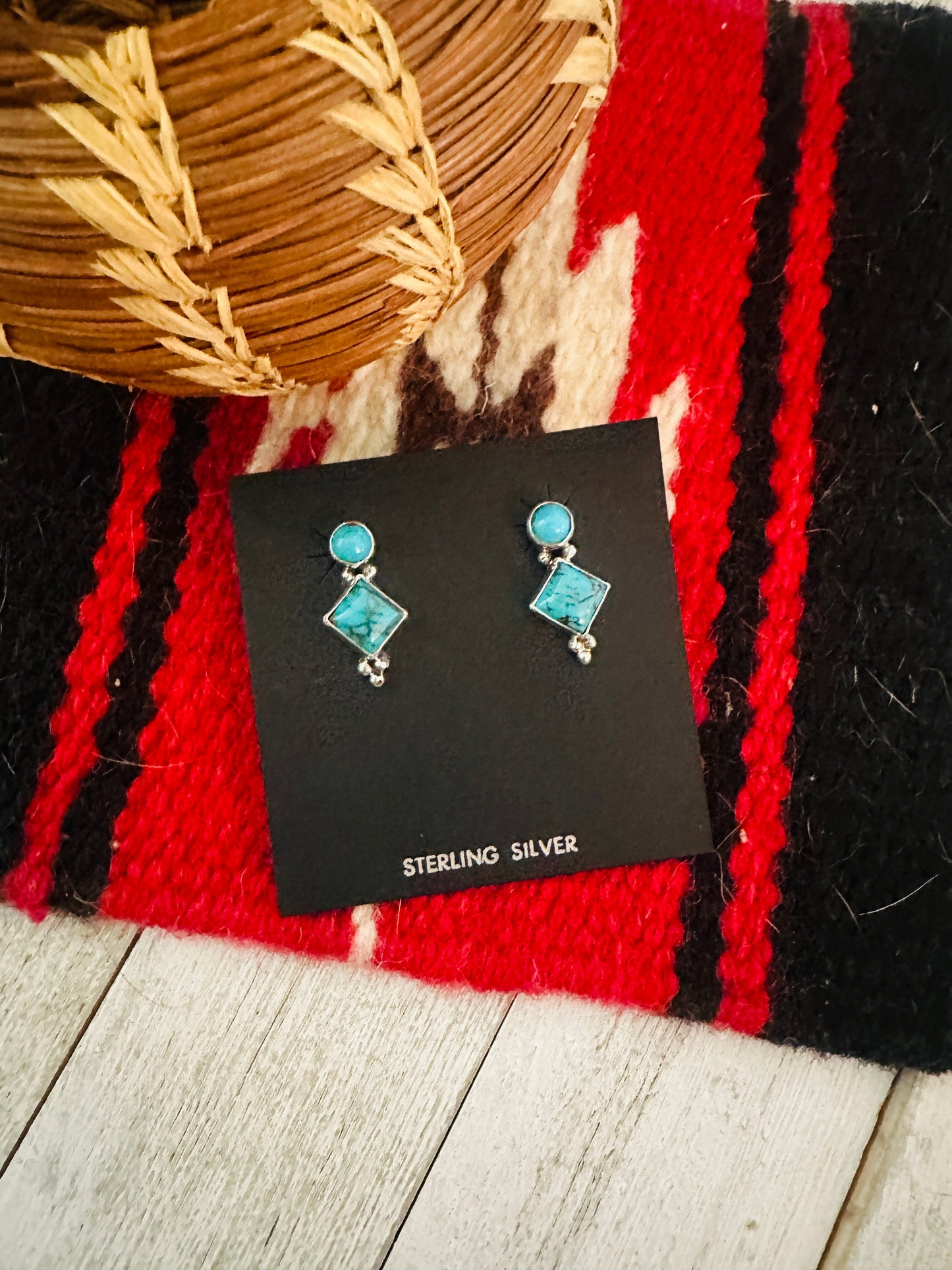 Navajo Sterling Silver & Turquoise Diamond Dangle Earrings