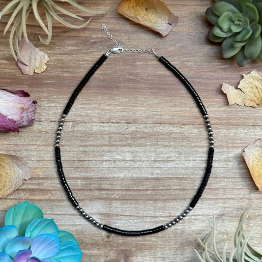 16” Black Onyx Necklace – Sterling Silver Pearls