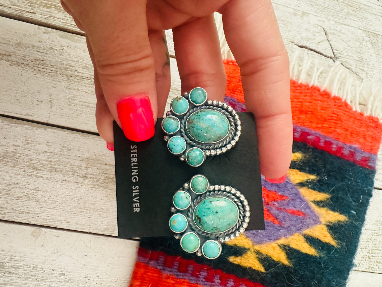 Navajo Sterling Silver & Kingman Turquoise Cluster Post Earrings