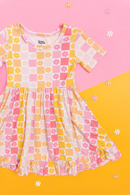 SUMMER SUNSET CHECKERS DREAM RUFFLE DRESS