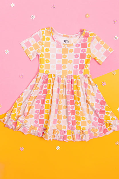 SUMMER SUNSET CHECKERS DREAM RUFFLE DRESS