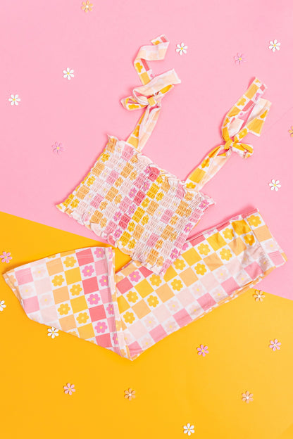 SUMMER SUNSET CHECKERS DREAM SMOCKED FLARE SET