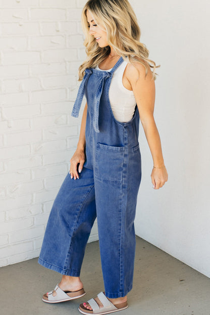 Prussian Blue Mineral Wash Knotted Strap Patched Pocket Wide Leg Denim Overalls