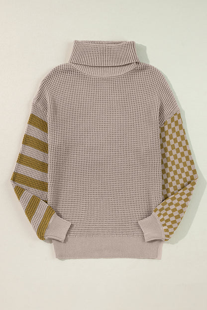 Patchwork Waffle Turtleneck Sweater