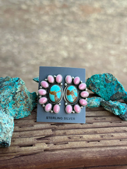 Navajo Queen Pink Conch & Turquoise Sterling Silver Cluster Stud Earrings