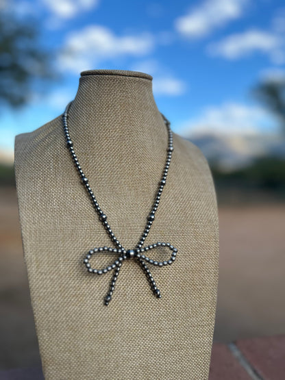 Navajo Made 4-8mm Sterling Silver Pearl Beaded Bow Tie  Necklaces