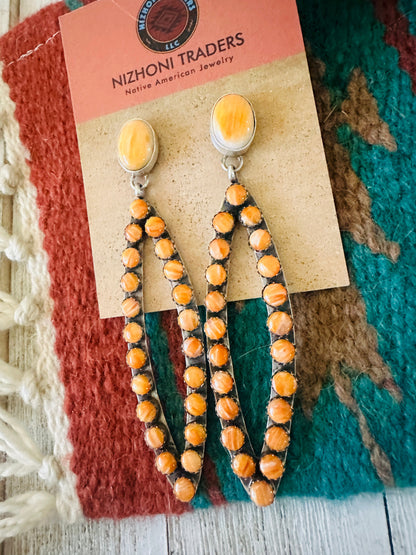 Navajo Sterling Silver & Orange Spiny Dangle Earrings