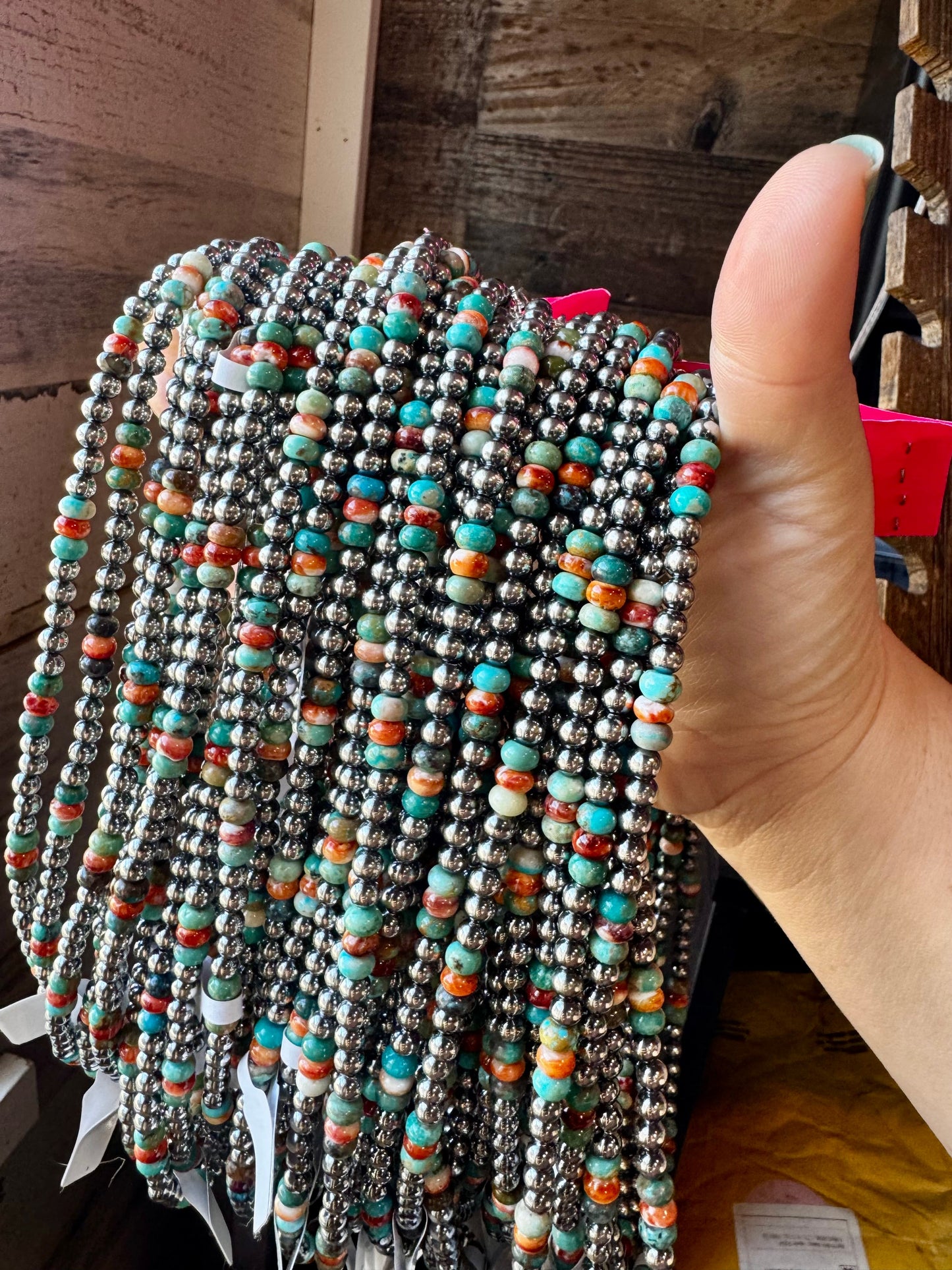 18-Inch Sterling Silver Pearl Necklace – Mixed Turquoise & Spiny Oyster (5mm)