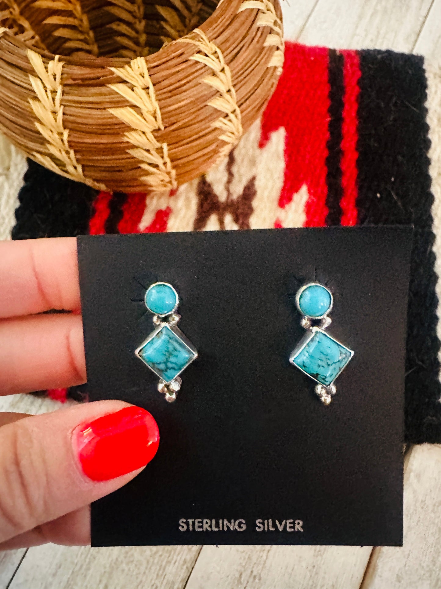 Navajo Sterling Silver & Turquoise Diamond Dangle Earrings