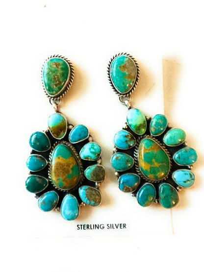 Navajo Turquoise & Sterling Silver Cluster Dangle Earrings