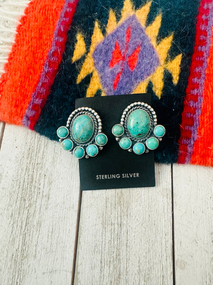 Navajo Sterling Silver & Kingman Turquoise Cluster Post Earrings