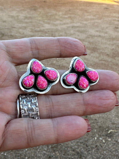 Handmade The Sunny Hot Pink Opal Sterling Silver Post Earrings