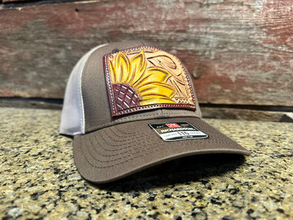 Sunflower and Southwest Handtooled Leather Patch Cap