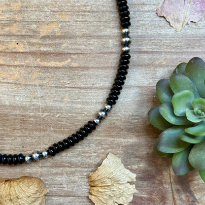 Black Onyx & Sterling Pearl Necklace 16.5”