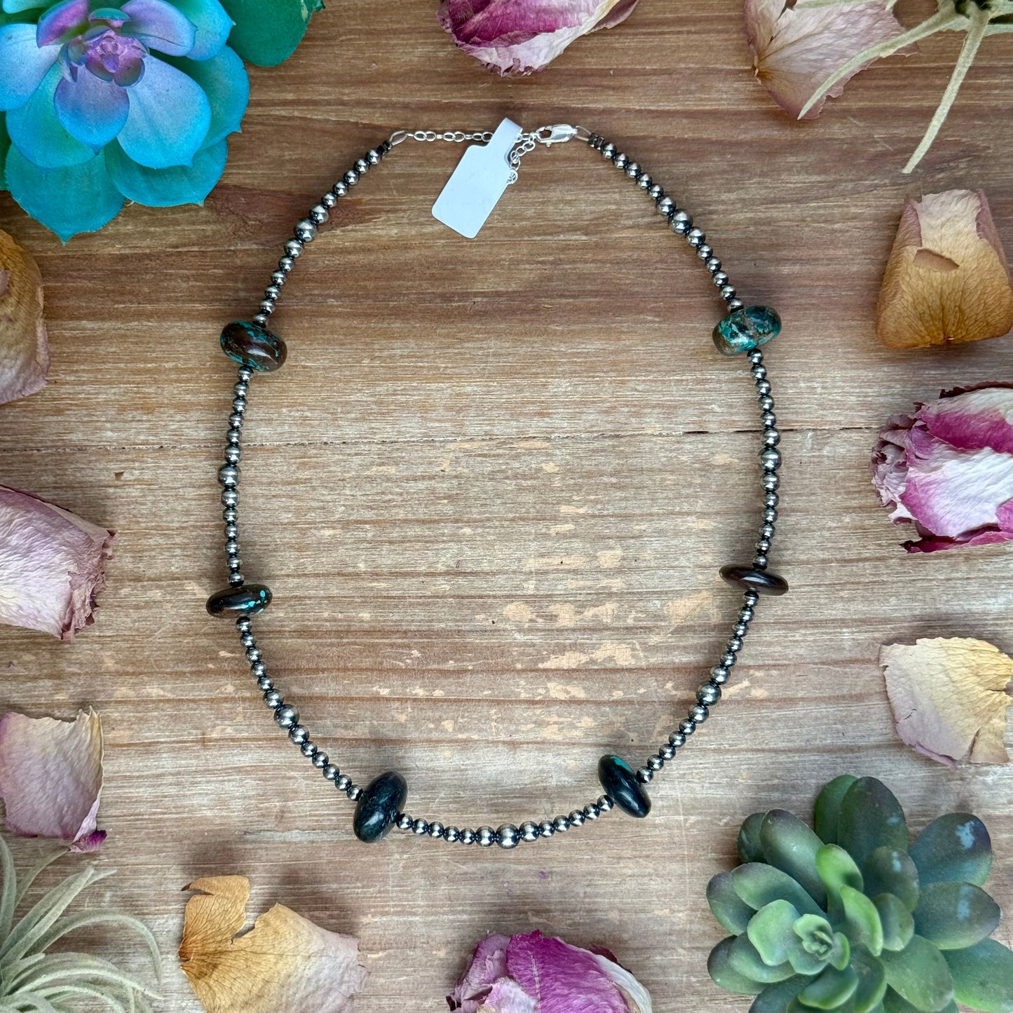 17.5” Turquoise Rondelle Necklace – Sterling Silver Pearls