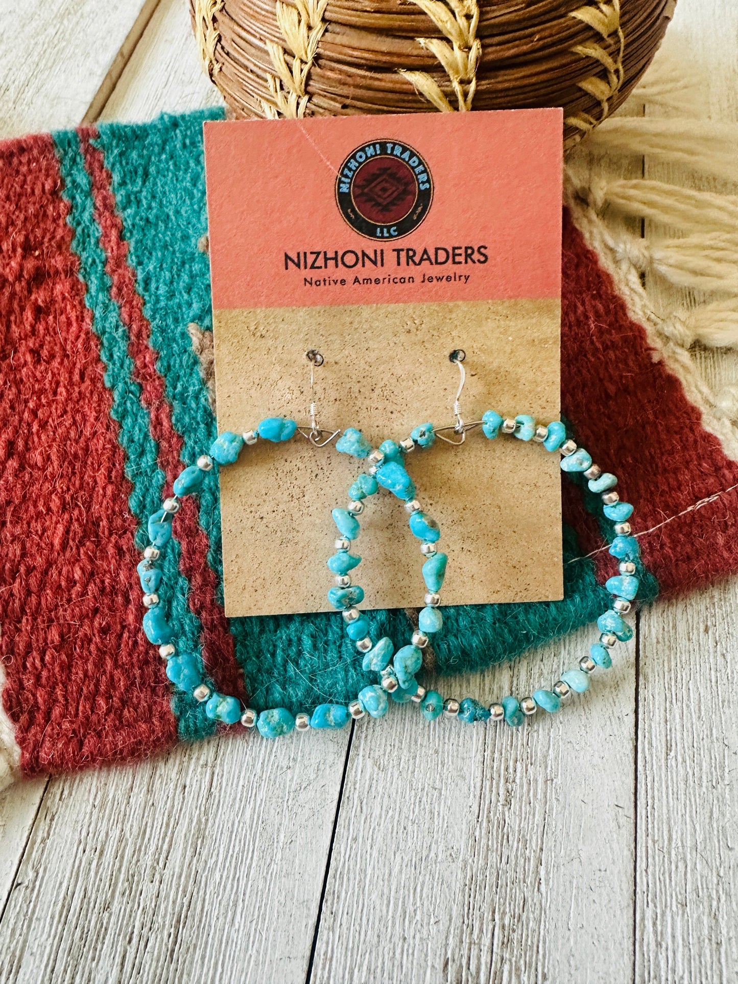 Navajo Turquoise & Sterling Silver Dangle Hoop Earrings