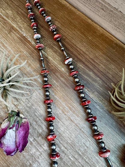 NFR Collection Necklace – Sterling Silver Torpedo Pearls with Red Spiny Oyster – Handmade by The Bijoux FAB – 39"